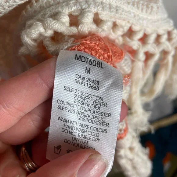 Miss Me Size Medium Stripe Knit Hooded Sweater Crochet Fringe Boho Gauze Cream - Picture 6 of 9